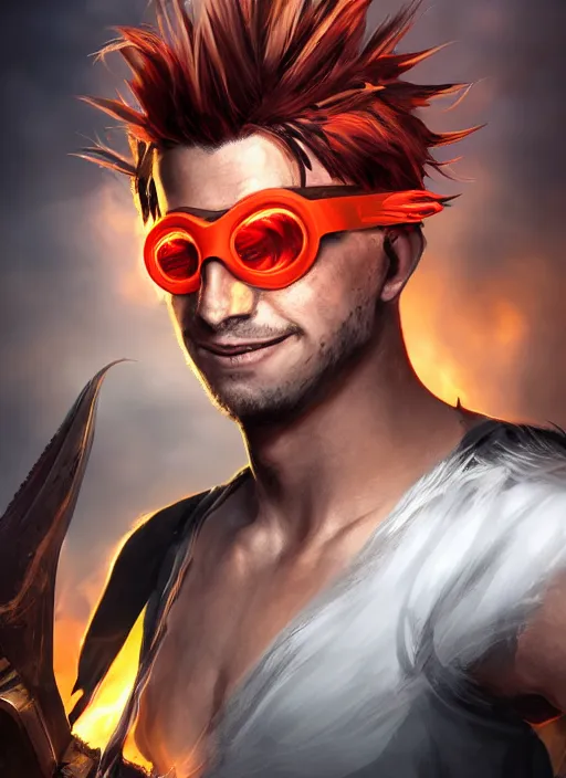 Image similar to An epic fantasy comic book style portrait painting of young man with red spiked long hair, using an orange lens googles. Wearing white shirt, a black waistcoat, brown pants and black boots. He is with a vicious smile in face. Unreal 5, DAZ, hyperrealistic, octane render, cosplay, RPG portrait, dynamic lighting