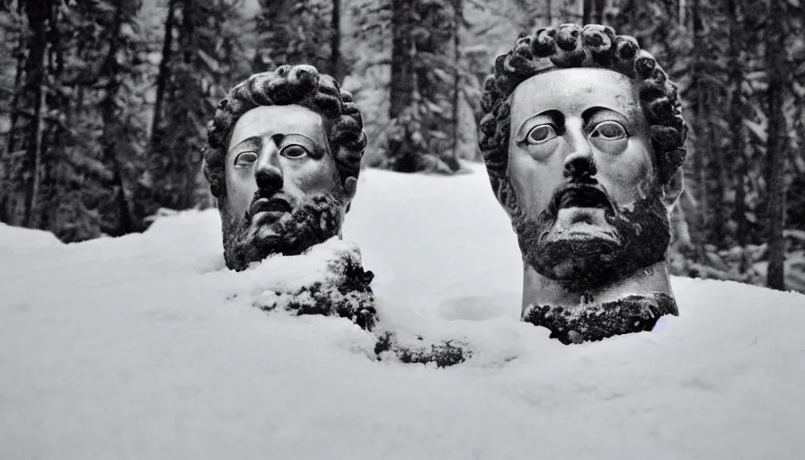 Image similar to 1 9 6 0 s movie still close up of marcus aurelius wearing chestplate and dape frozen to death under the snow by the side of a river with gravel, pine forests, cinestill 8 0 0 t 3 5 mm b & w, high quality, heavy grain, high detail, texture, dramatic light, anamorphic, hyperrealistic, detailed hair, foggy