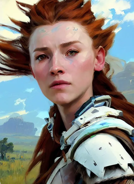 Image similar to portrait of a caucasian Aloy from Horizon Zero Dawn in white clothes, countryside, calm, fantasy character portrait, dynamic pose, above view, sunny day, clouds in the sky, artwork by Jeremy Lipkin and Giuseppe Dangelico Pino and Michael Garmash and Rob Rey and Greg Manchess, very coherent asymmetrical artwork, sharp edges, perfect face, simple form, 100mm