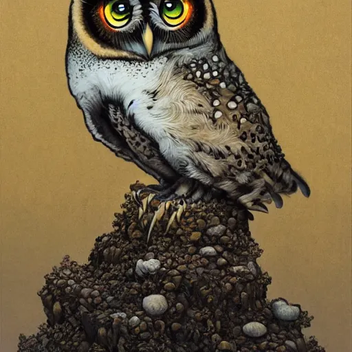 Prompt: a painting of an owl sitting on top of a snowy hill, a surrealist painting by Yoshitaka Amano, behance contest winner, pop surrealism, lovecraftian, ukiyo-e, detailed painting