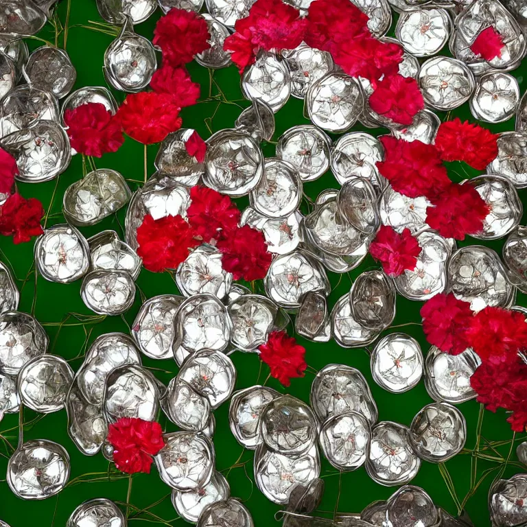 Prompt: flowers made of chrome in the terrarium, film photo, soft lighting, album cover