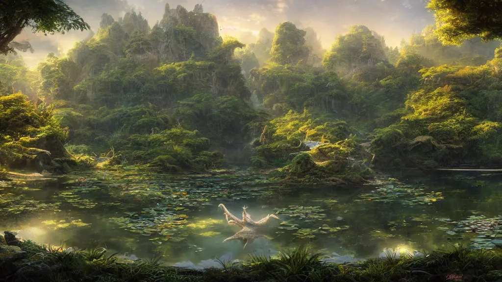 Image similar to a ultradetailed beautiful matte painting of a peaceful pond with a clear water where a majestic ancient dragon with intricate green scale is peacefully sleeping, dynamic lighting, cinematic lighting, lit by morning light, by krenz cushart and artgerm, unreal engine, featured on artstation