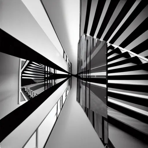 Prompt: model, hallways and stairwells and mirrors, warped dperceptions, similar to relativity by m. c. escher