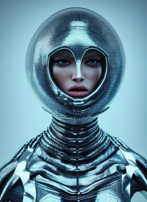 Image similar to The concept of an outfit, a resident of an alien metropolis, unusual fashion, bio, eco, fashion, Vogue, photo for a magazine, photo for a store, fashion photography, 135 mm, cinematic, hyper realism, high detail, octane render, 8k, chrome accents, very coherent symmetrical artwork, perfect face model, full length photo, Upper and lower body