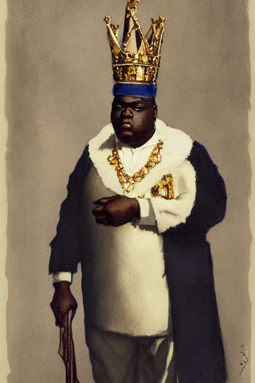 Image similar to portrait of biggie smalls with kings crown and royal outfit, modern, eclectic, illustration, by ramon casas