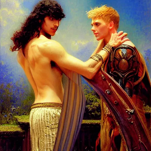 Image similar to attractive arthur pendragon with attractive male merlin the mage. they are in love. highly detailed painting by gaston bussiere, craig mullins, j. c. leyendecker