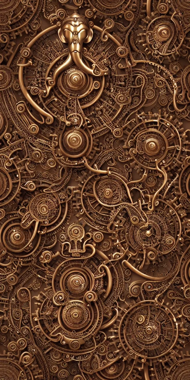 Image similar to seamless pattern of steampunk cybernetic biomechanical hindu god ganesha, symmetric, 3 d model, very coherent symmetrical artwork, unreal engine realistic render, 8 k, micro detail, intricate, elegant, highly detailed, centered, digital painting, artstation, smooth, sharp focus, illustration, artgerm, tomasz alen kopera, wlop