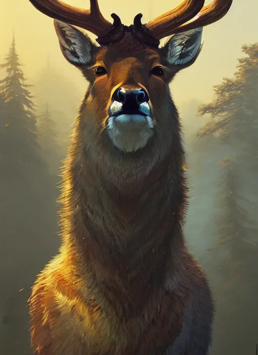 Image similar to highly detailed portrait fantastic mr deer in gta v, stephen bliss, unreal engine, fantasy art by greg rutkowski, loish, rhads, ferdinand knab, makoto shinkai and lois van baarle, ilya kuvshinov, rossdraws, tom bagshaw, global illumination, radiant light, detailed and intricate environment