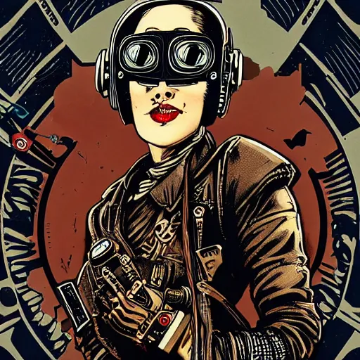 Image similar to Illustrated by Shepard Fairey and H.R. Geiger | Steampunk Mad Max with VR helmet, surrounded by cables