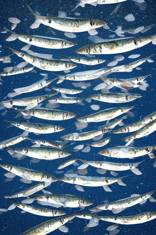 Prompt: a beautiful collage on paper of a school of mackerel, 8 k, frostbite 3 engine, cryengine, dof, trending on artstation, digital art, crepuscular ray