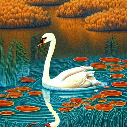 Prompt: colored pencil art on paper, swan seimming in a pond, by casey weldon, highly detailed, artstation, masterpiece, award - winning, caran d'ache luminance