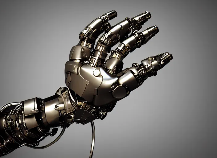 Image similar to a 3D render of a metallic hand made of shiny metal, cyborg cyberpunk with lights and electricity and wires, bokeh, Canon 50mm, cinematic lighting, volumetric light, octane, octane render, redshift render