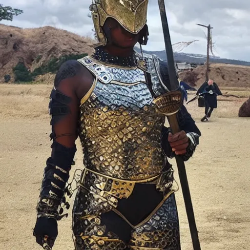 Image similar to photo of a female warrior wearing metal jaguar armour