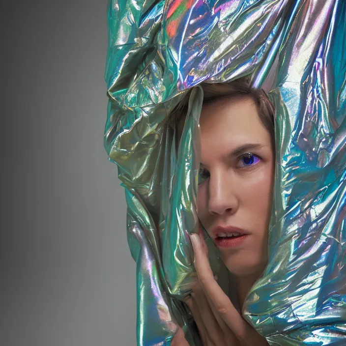 Image similar to closeup portrait of a woman wrapped in an iridescent mylar foil blanket, standing in a grocery store, dirty grocery store, grungy grocery store, color photograph, by vincent desiderio, canon eos c 3 0 0, ƒ 1. 8, 3 5 mm, 8 k, medium - format print