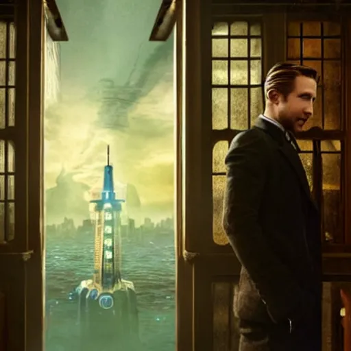 Image similar to a highly detailed cinematic photo from a live - action bioshock movie. andrew ryan, portrayed by ryan gosling, is shown standing in a 1 9 3 0's office with a large desk in front of a floor - to - ceiling window looking out onto the underwater city of rapture shining in the distance, several fish are shown outside of the window