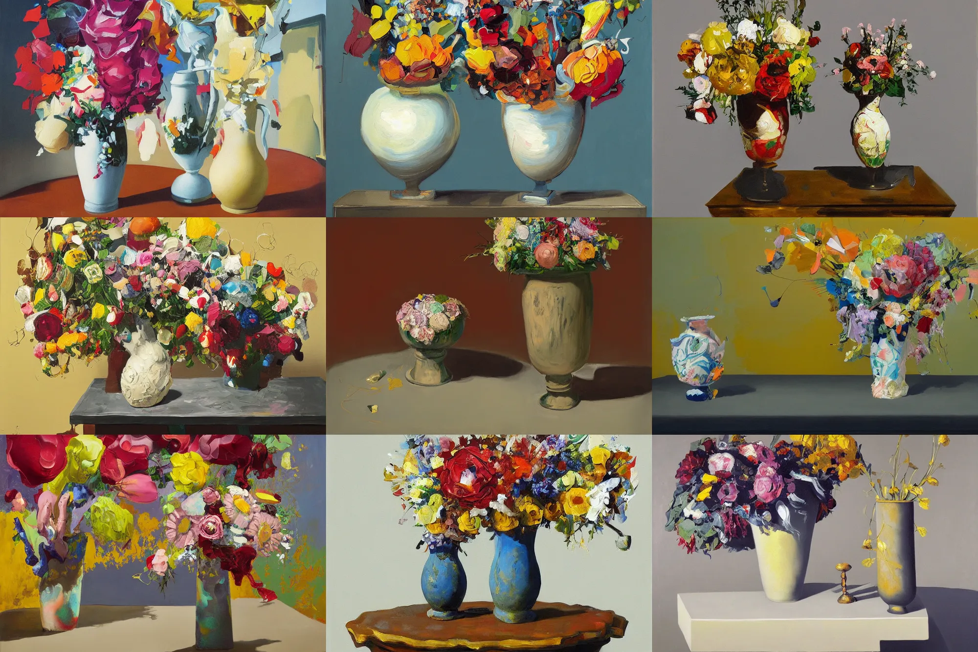 Prompt: ultrafine detailed painting of an vase with flowers on top of a plinth, biomorphic, still life by julian schnabel and john chamberlain, tonalism, oil on canvas, surrealist painting, wikiart, behance, conceptual art. academic art