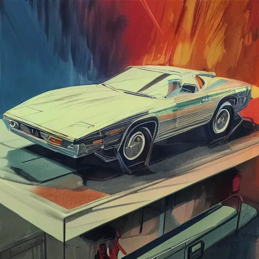 Image similar to detailed details photorealistic pictures of car garage in the style of bob peak and alex ross, gouache and wash paints color, detailed details object proportionate, detailed 5 k details.