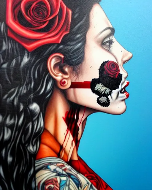 Prompt: horror with blood, rose and a pistol with sea and ocean in the background intricate details side profile by Sandra Chevrier