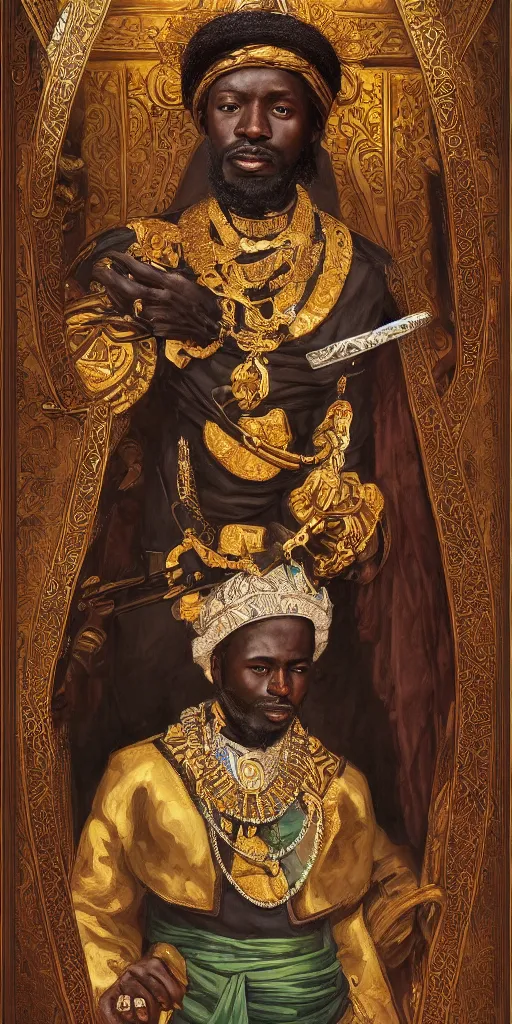 Image similar to a stunning and noble highly detailed romantic period style portrait of mansa musa by josep tapiro baro and harles sillem lidderdale, trending on artstation, oil painting masterpiece, symmetry, rule of thirds, mysterious, photorealistic, very very very aesthetic, african iconography