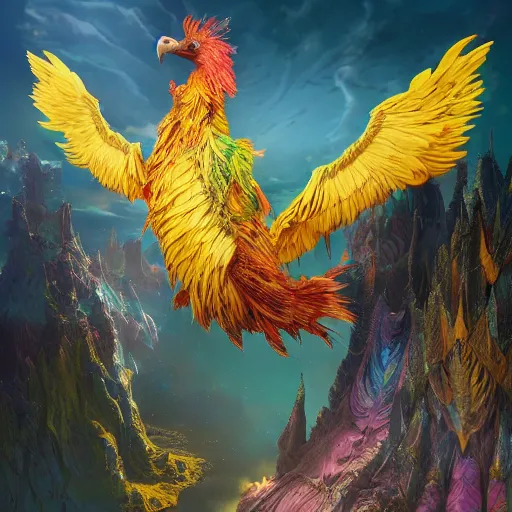 Prompt: a beautiful detailed 3d matte painting of a feathered critter sparkling with colourful energies in a brilliantky coloured fantasy setting, by beeple and ellen jewett and alex horley and Alexander Jansson, magical realism, hyperrealistic, ultrawide angle, smooth, texture, intricate, fantasy, trending on artstation, polarizer filter, volumetric lighting, micro details, 3d sculpture, octane render, 8k