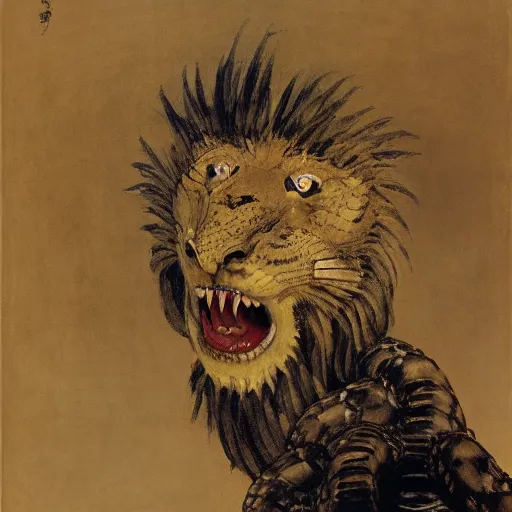 Prompt: coiled rattlesnake neck eyes fangs serpent serpent python wearing a lion lion costume neck tall long snake viper j.m.w. turner greg rutkowski giorgio de chirico william merritt chase ralph steadman arsen savadov dan witz uta natsume aquatint