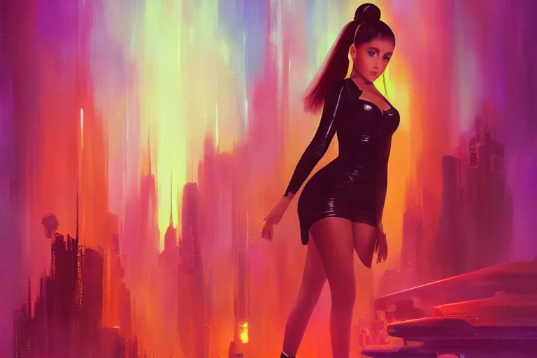 Image similar to ariana grande in the style of johan grenier and john picacio and alan m. clark, trending on artstation, bioluminescence tilt - shift blade runner 2 0 4 9, crayon art, futuresynth, splash art, post - minimalism