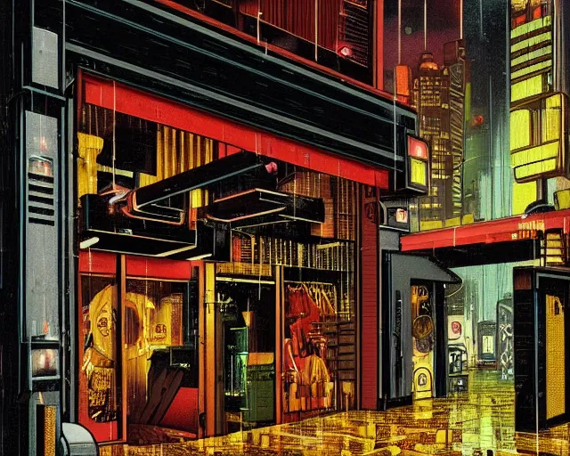 Image similar to exterior of the only cyberpunk open restaurant in a night rainy melancholy cyberpunk city by de chirico