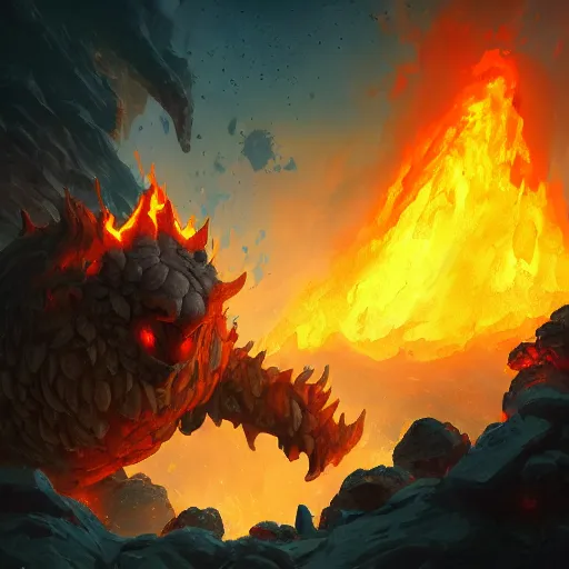 Prompt: fire golem, burning lava background, epic fantasy style, in the style of Greg Rutkowski, hearthstone artwork