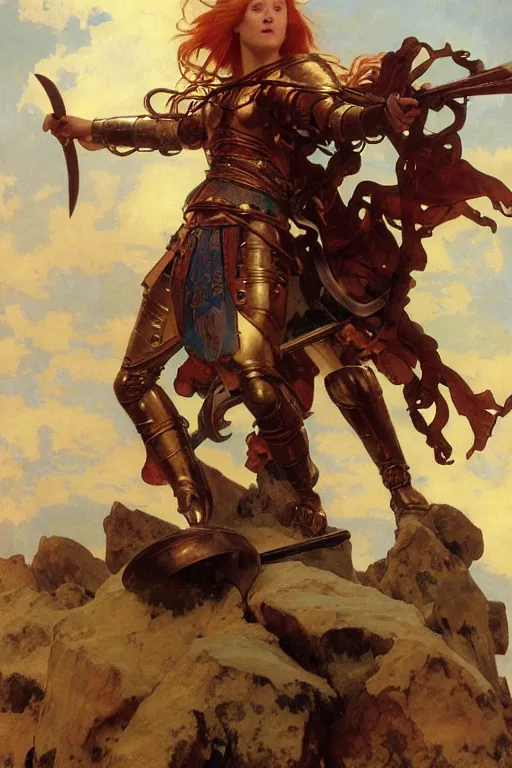 Image similar to full - body matte portrait of a legion of red haired lesbian valkyries in a heroic pose and wearing thick bronze plate armor at the top of a mountain holding a spear made of lightning, art by albert bierstadt, alphonse mucha, andreas rocha, greg rutkowski, sharp edges. ultra clear detailed. 8 k. elegant. octane render