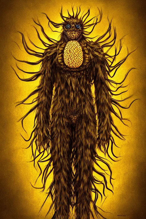 Prompt: corn dandelion humanoid figure monster, symmetrical, highly detailed, digital art, sharp focus, trending on art station, amber eyes