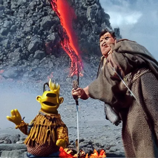 Image similar to “Bert throwing the one ring into the fires of mount doom as ernie tries to take it back”