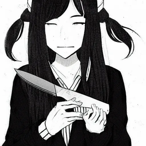 Image similar to “Detailed manga art of a beautiful Japanese girl holding a knife; loving expression; school uniform; high contrast; clean, sharp”