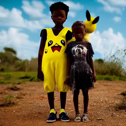 Image similar to a small african boy and an girl wearing a pikachu costume, movie still from tank girl, wide angle shot, ultra detailed, portrait, in the style of studio ghibli and roger ballen,