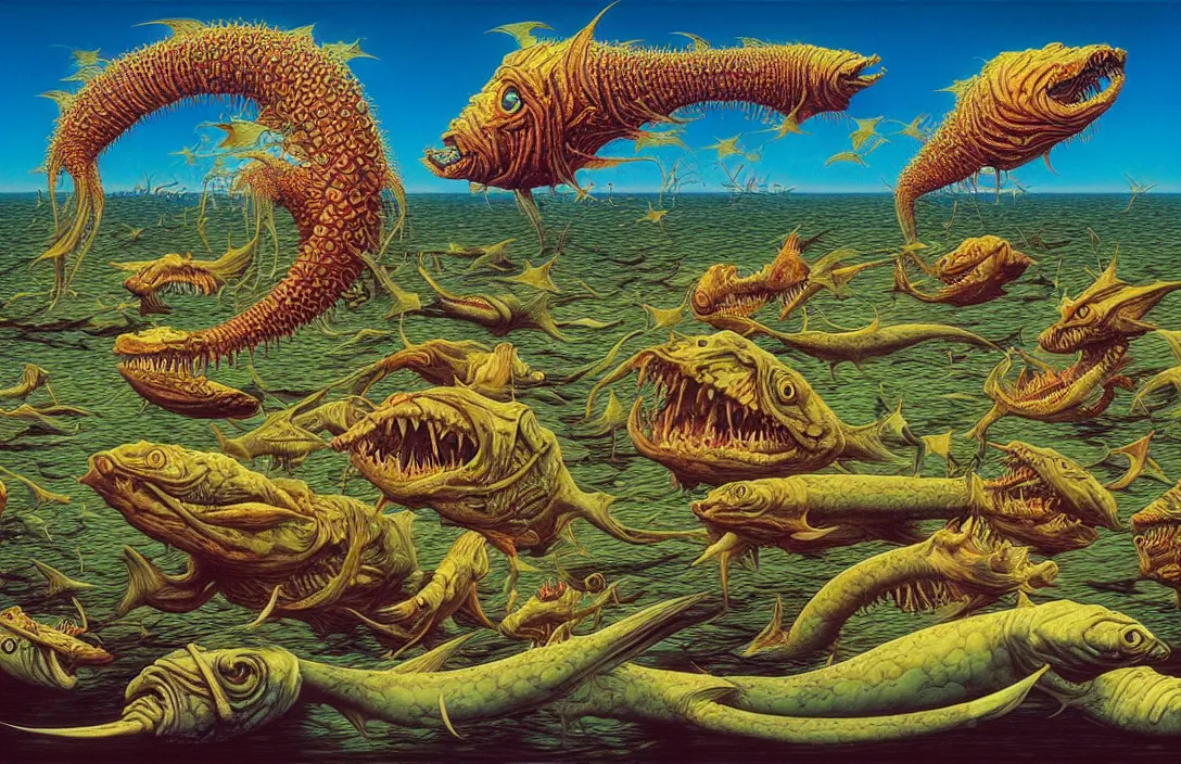 Image similar to a visionary painting of fish eating human beings by junji ito, michael whelan, roger dean, bob eggleton, lisa frank, vladimir kush, kubrick, james gurney, giger