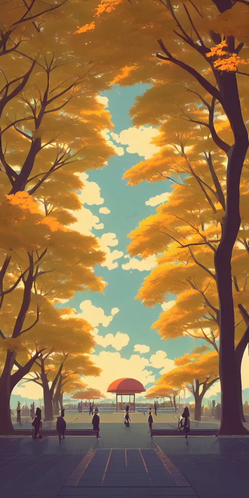 Image similar to symmetry!!! tokyo park, autumn day, lights, by cory loftis, makoto shinkai, hasui kawase, james gilleard, beautiful, serene, peaceful, golden curve composition