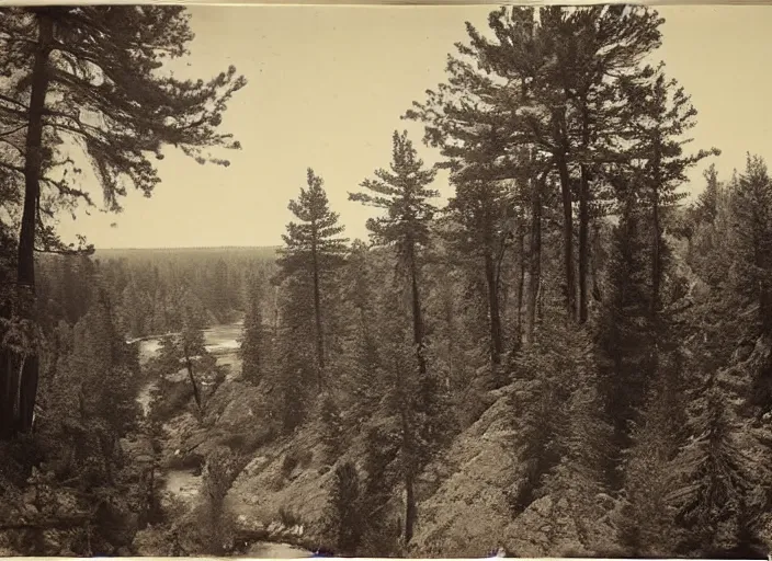 Image similar to Overlook of a river and dry bluffs covered in pine trees, albumen silver print by Timothy H. O'Sullivan.