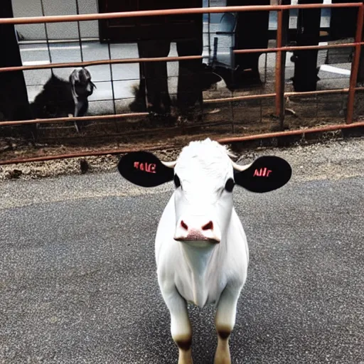 Image similar to mugshot of a cute sad calf dressed as an inmate