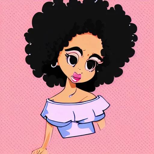 Prompt: young, super cute funky black girl, curly afro, symmetrical, large eyes, big lips, off the shoulder shirt, sultry look, soulful, pouty lips, adorable, disney, cartoon, flat, vectors, simple colours, illustration, classic