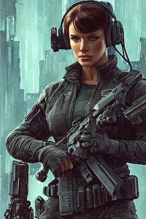 Prompt: Sonya. Confident blackops mercenary in tactical gear and cyberpunk headset. Blade Runner 2049. concept art by James Gurney and Mœbius.