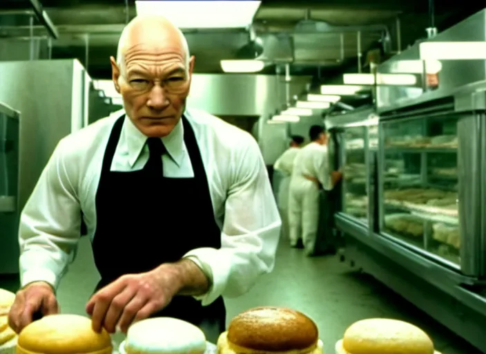 Prompt: film still of patrick stewart as agent smith working in a bakery in the new matrix movie, 4 k