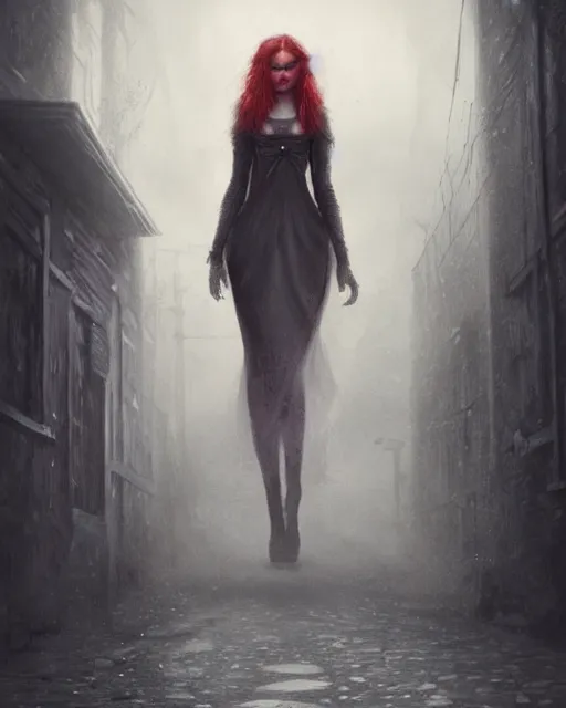 Prompt: A ultradetailed eerie beautiful matte painting of a mysterious redhaired woman walking towards me in a dark alley at night by tom bagshaw concept art, trending on deviantart, illustration, film noire.