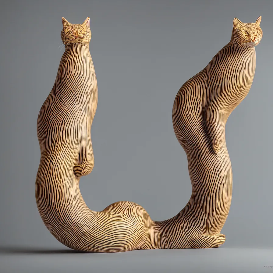 Image similar to beautiful gallery show studio photograph of a giant realistic curvy ceramic sculpture of a long cat!!!!!, glazed by bridget riley and victor vasarely, placed on a polished wooden table, colorful hyperrealism 8 k trending on artstation