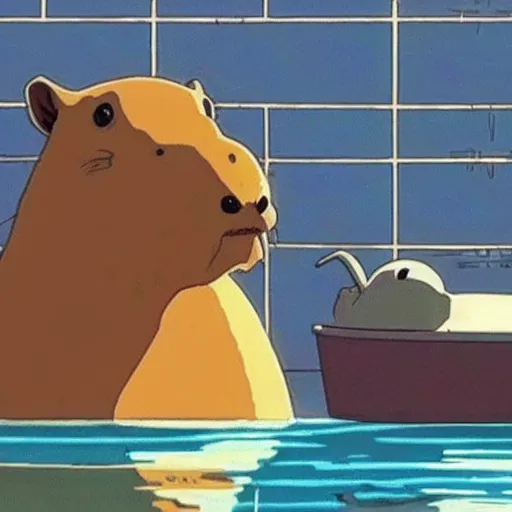 Image similar to a capybara sitting in a steaming bathtub in the animated movie spirited away by hayao miyazaki!!!!, studio ghibli, animated movie, anime, beautiful