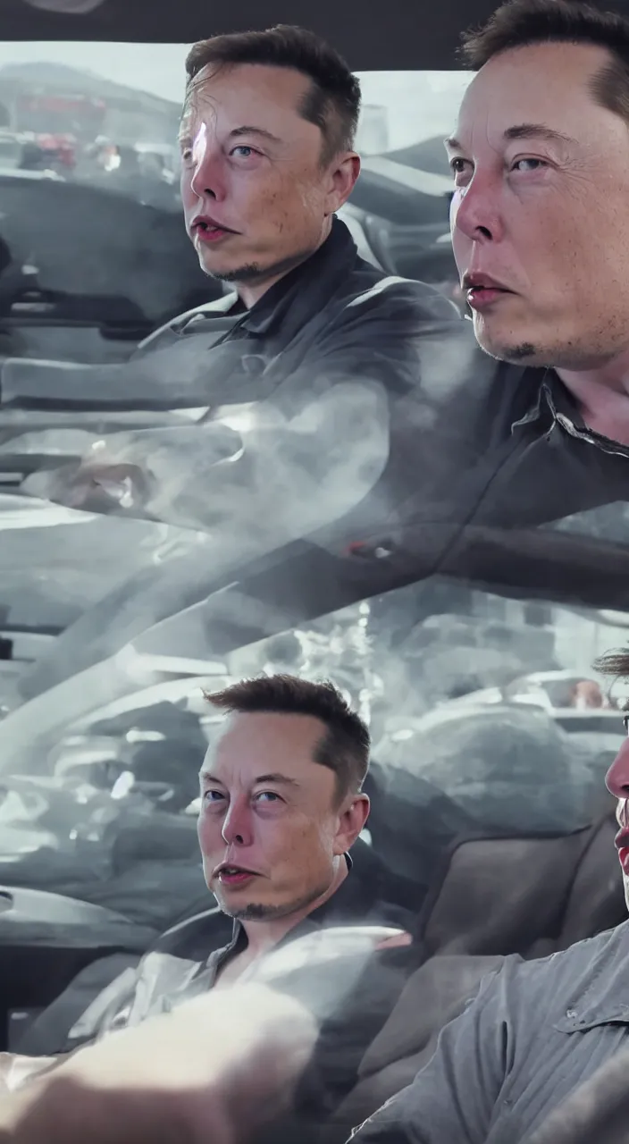 Prompt: elon musk making out with donald trump in the backseat of a tesla cybertruck. cinematic 8 k, depth of field.