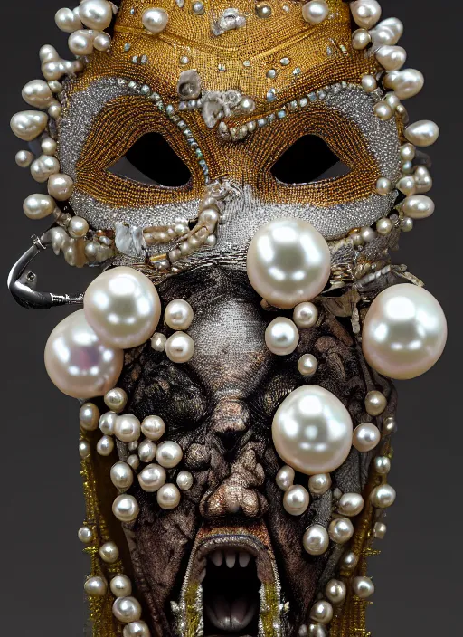 Image similar to hyperrealism, detailed textures, award winning autochrome photo, symetrical japanese pearl, old screaming voodoo pearl priest, autochrome pearl portrait, pearl silverplate, intricate, detailed facial pearl scary animal mask, pearl, golden jewelery, silverplate, ultra realistic, cinematic, intricate, cinematic light by steve mccurry, unreal engine 8 k