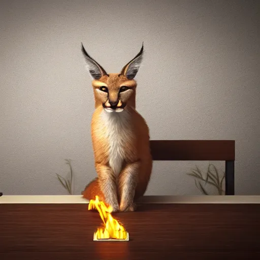 Image similar to wide-angle photo of cute caracal sitting on a wooden chair near a table in a room, flames of fire at background, octane render, 3d, 8k , hd, studio light