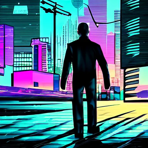 Image similar to walter white in a synthwave cyberpunk city at night, walking on a rainy street, concept art, digital