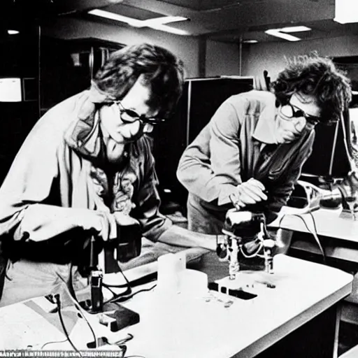 Image similar to scientists discovering the meaning to the universe, textbook photo, 1 9 8 0 s photo, action shot, historical photo