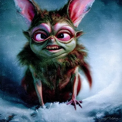 Prompt: detailed cinematic moody colors studio portrait of gizmo the gremlin in a christmas scene, high quality by jeremy mann, only one head single portrait! dream detailed cinematic moody colors studio portrait of gizmo the gremlin in a christmas scene, high quality by jeremy mann, only one head single portrait