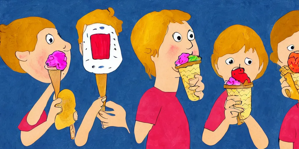 Prompt: a children's book illustration of three young kids enjoying ice cream in the style of steve simpson